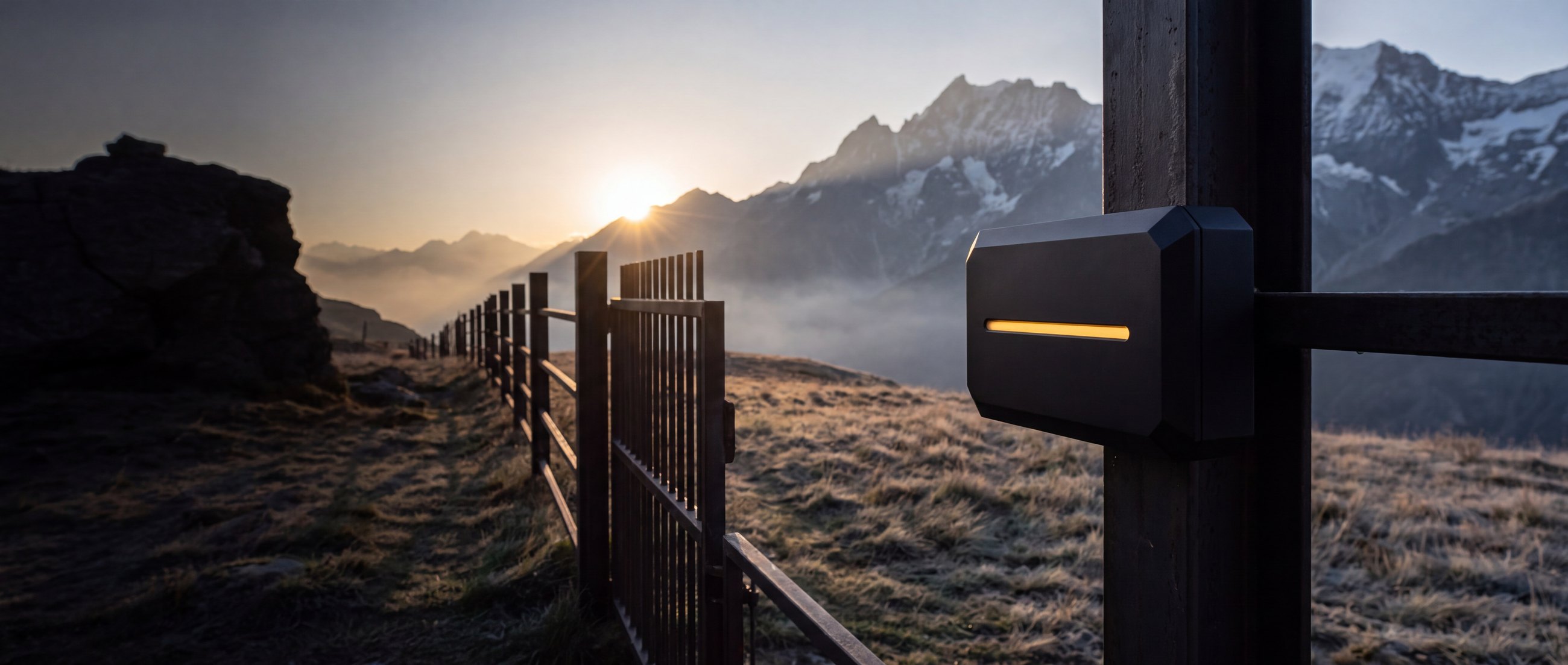 A perimeter fence line at dawn in the Aosta Valley, a GPSX sensor on the nearest post.