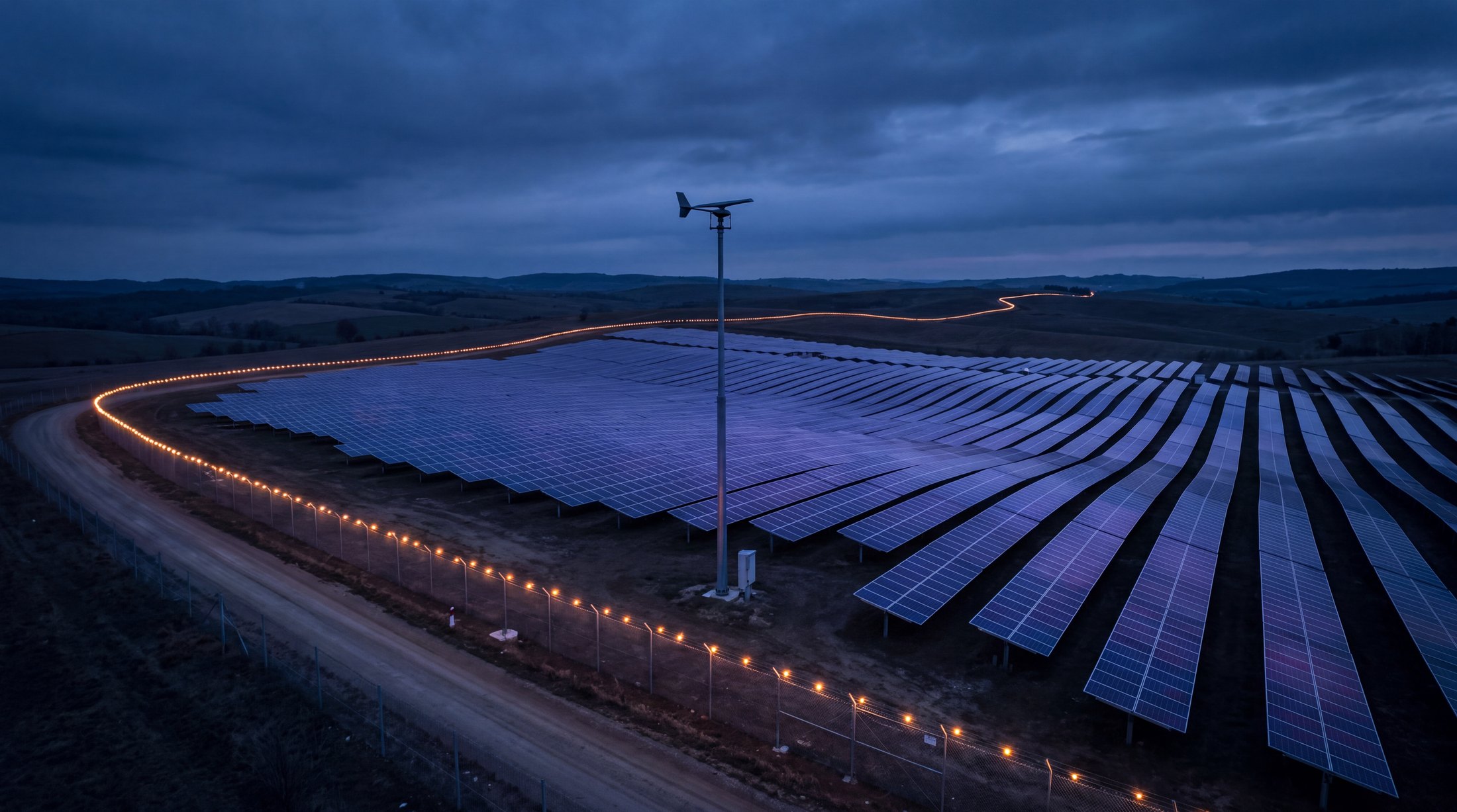 A solar farm at dusk, its perimeter traced by a chain of small amber lights.